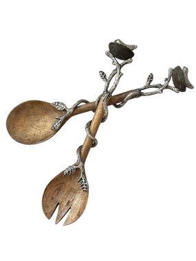 Wood and Silver Floral Salad Servers